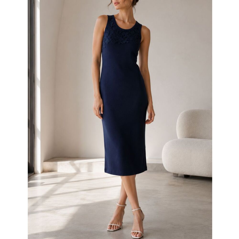 Caroline Constas Midi Fitted Stretch Lace Women's Small Navy Date Night Ribbed